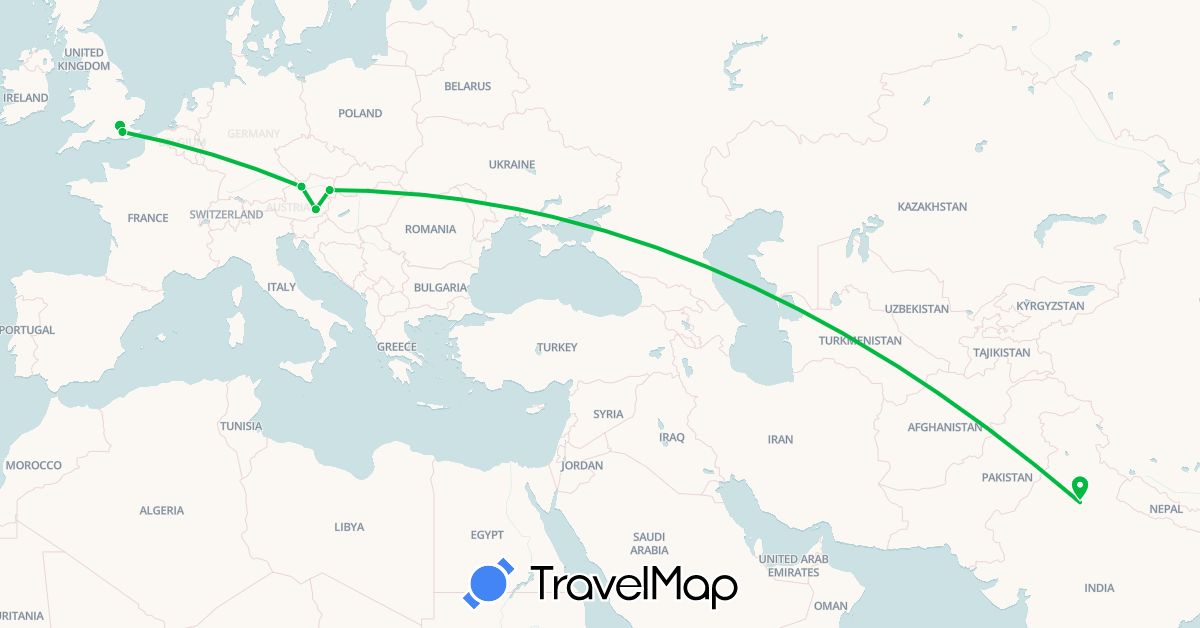 TravelMap itinerary: driving, bus in Austria, United Kingdom, India (Asia, Europe)